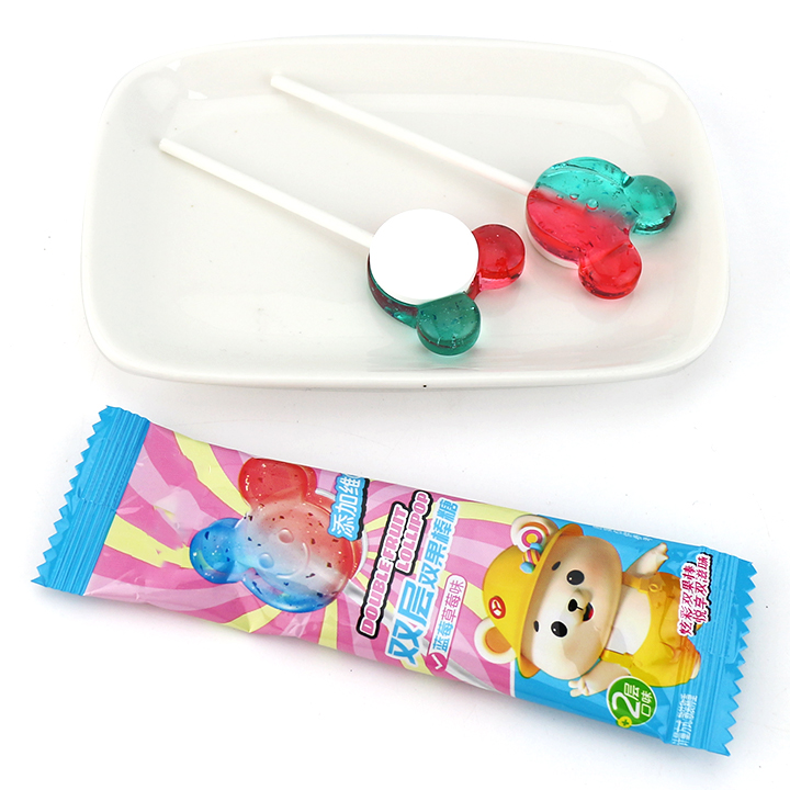 2-in-1 two colors double flavor Bear head hard lollipop with pressed candy CH-BP124