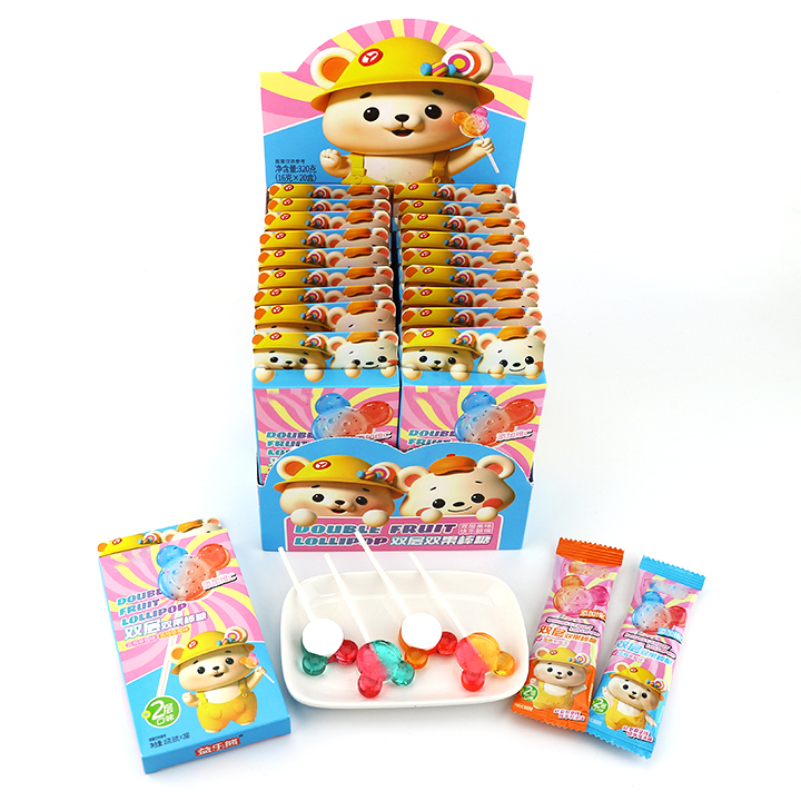 2-in-1 two colors double flavor Bear head hard lollipop with pressed candy CH-BP124