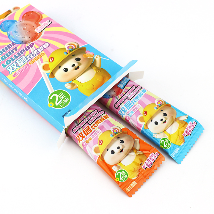2-in-1 two colors double flavor Bear head hard lollipop with pressed candy CH-BP124
