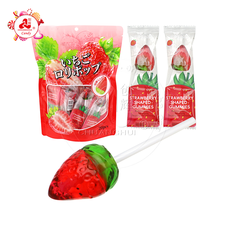 Supply 3D Strawberry shaped soft gummy lollipop pop candy in bag Supply 3D Strawberry shaped soft gummy lollipop pop candy in bag
