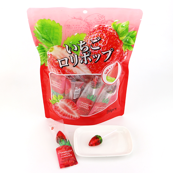 3D Strawberry shaped soft gummy lollipop pop candy in bag CH-J639