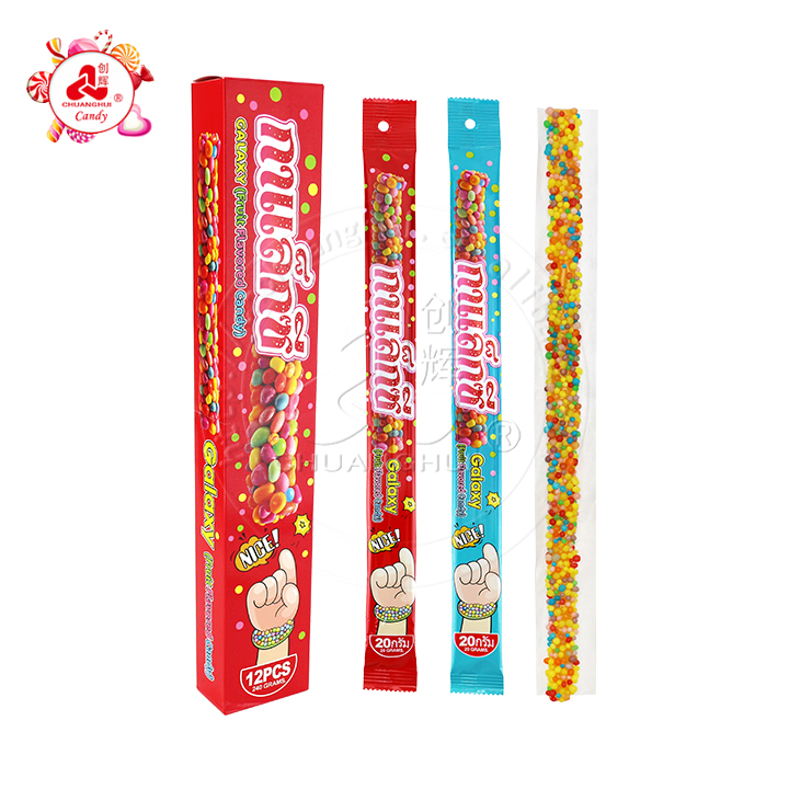 18g Rainbow Gummy long sour chewy roll gummy candy ropes with mini granule hard candy drops CH-J643