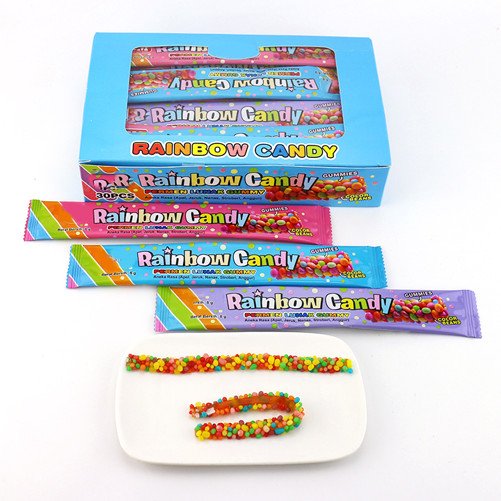 8g Rainbow candy sour chewy roll gummy rope with mini candy granule CH-J644