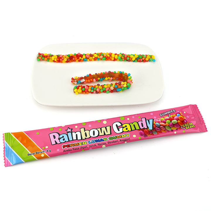 8g Rainbow candy sour chewy roll gummy rope with mini candy granule CH-J644