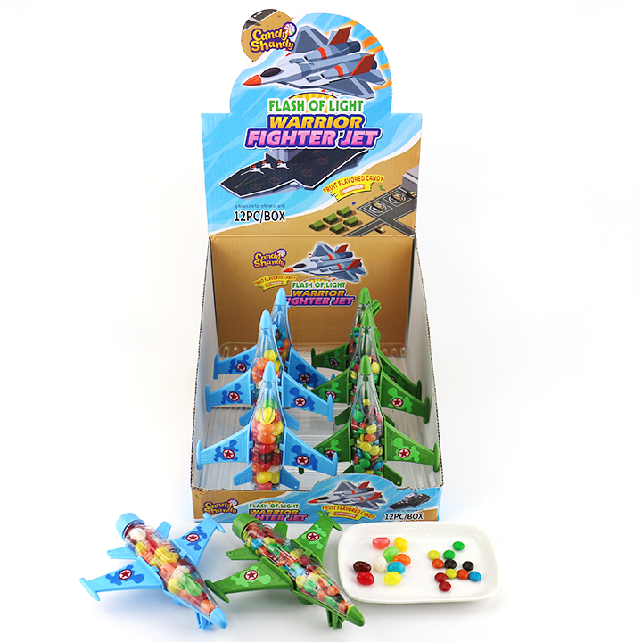 LED flashing fighter plane pull-back bottle toy candy with jelly bean or chocolate bean CH-TB235