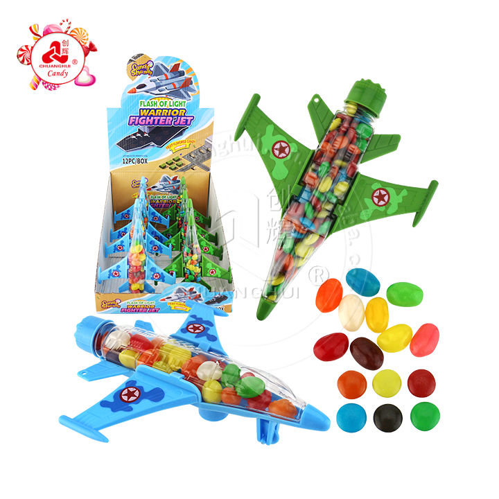 LED flashing fighter plane pull-back bottle toy candy with jelly bean or chocolate bean CH-TB235