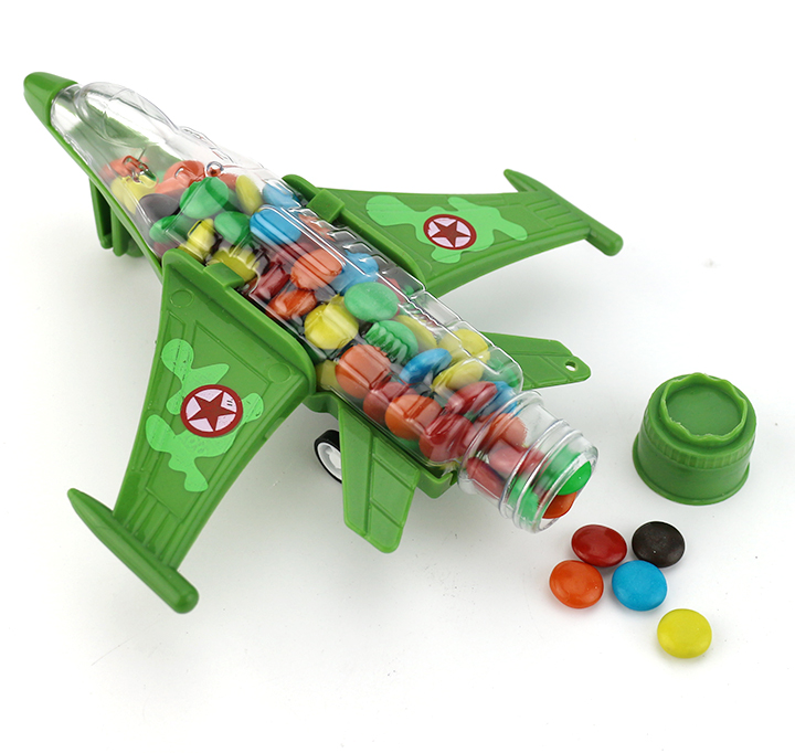 LED flashing fighter plane pull-back bottle toy candy with jelly bean or chocolate bean CH-TB235