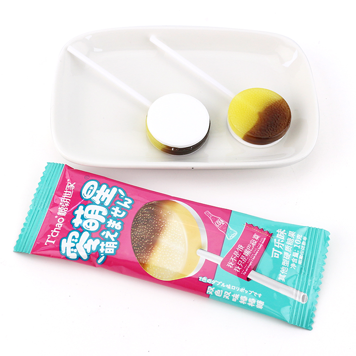 2-in-1 Two Colors Cola flavor Round Flat Lollipop with Sugar Free Sour Pressed Candy CH-BP103-3