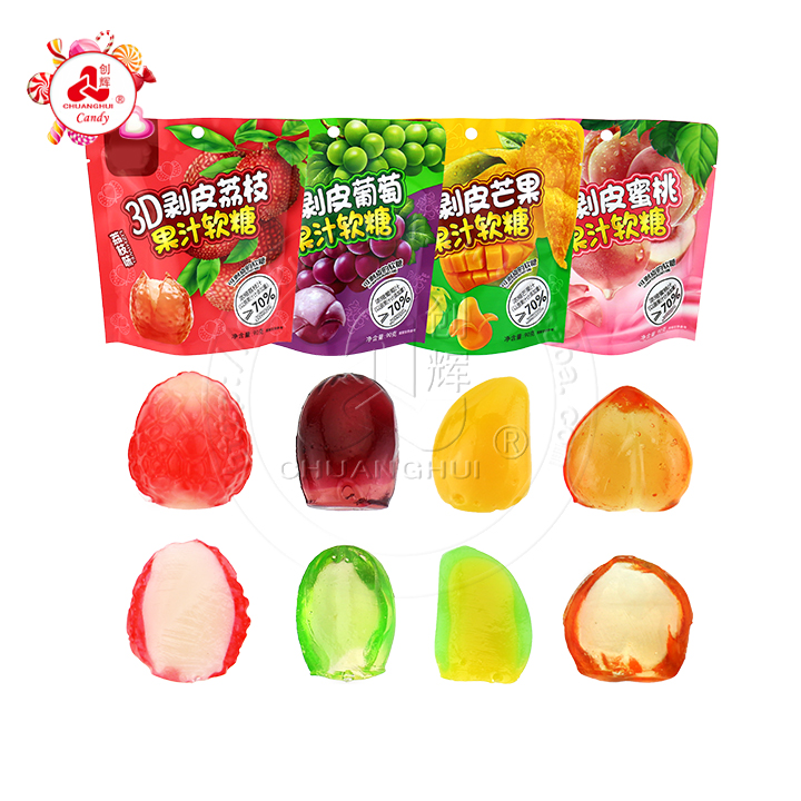 3D Peeling Fruits Juice Fudge Peach, Grape, Litchi Various Shape Soft Gummy Candy in bag CH-J646