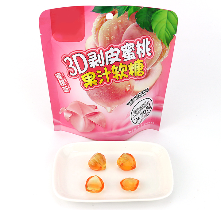 3D Peeling Fruits Juice Fudge Peach, Grape, Litchi Various Shape Soft Gummy Candy in bag CH-J646