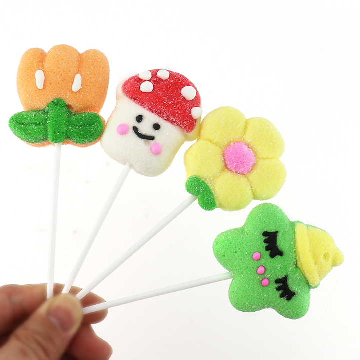 Cartoon hand decorated flowers, mushrooms, stars shaped marshmallow lollipop candy CH-M198