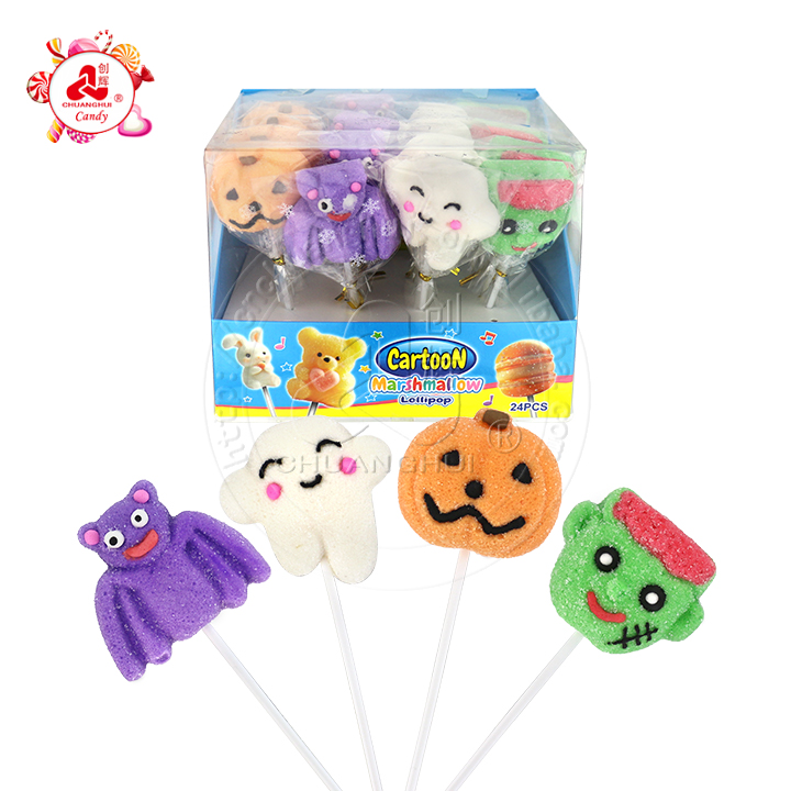 Cartoon hand decorated Bat, Ghost, Pumpkin Head, Frankenstein shaped Halloween marshmallow lollipop candy CH-M200