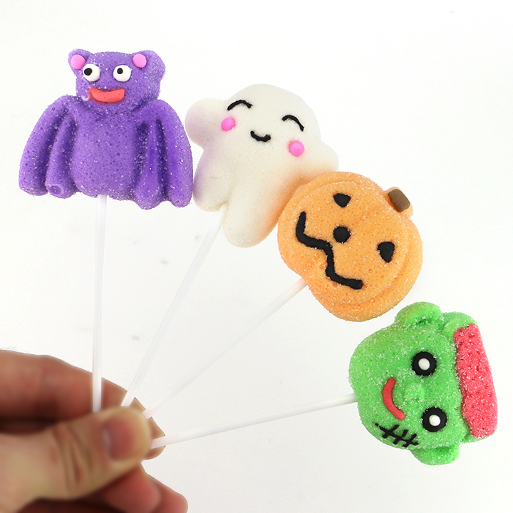 Cartoon hand decorated Bat, Ghost, Pumpkin Head, Frankenstein shaped Halloween marshmallow lollipop candy CH-M200