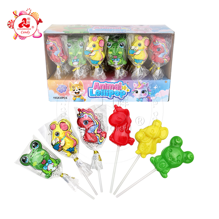 3 animal unicorn, mouse, frog shaped hard lollipop candy in boxCH-BP130
