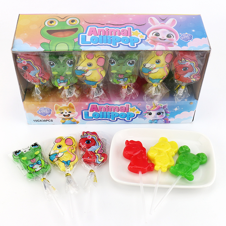 3 animal unicorn, mouse, frog shaped hard lollipop candy in boxCH-BP130