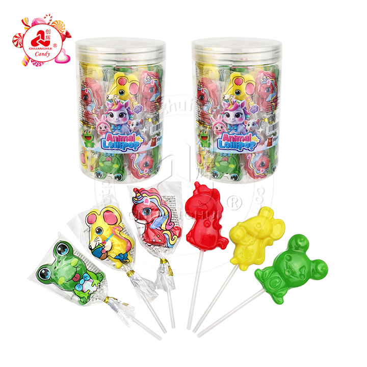 3 animal unicorn, mouse, frog animal shaped hard lollipop candy in Jar CH-BP130-1