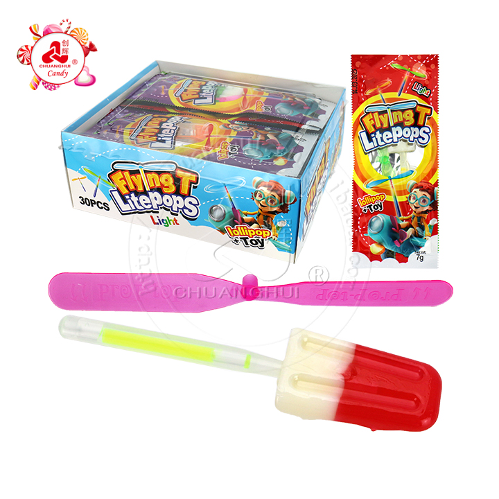 Mini ice cream popsicle shaped glow stick lollipop candy with Rotational Flying Bamboo Litepops Propeller toy CH-T1367