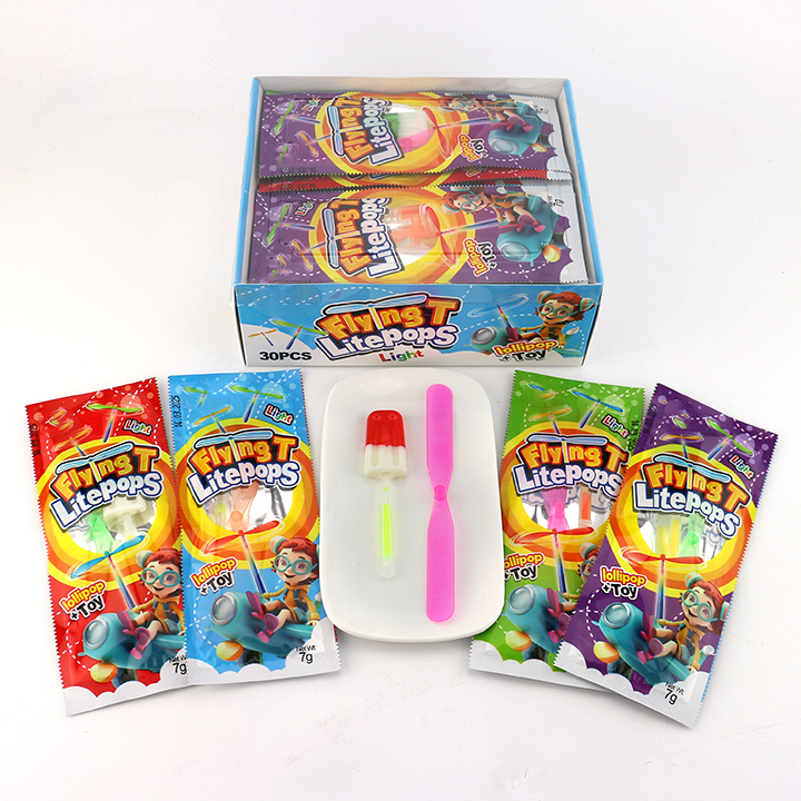 Mini ice cream popsicle shaped glow stick lollipop candy with Rotational Flying Bamboo Litepops Propeller toy CH-T1367