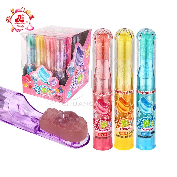 High quality toothbrush shaped fruit lollipop with squeezed jam liquid candy CH-T1368