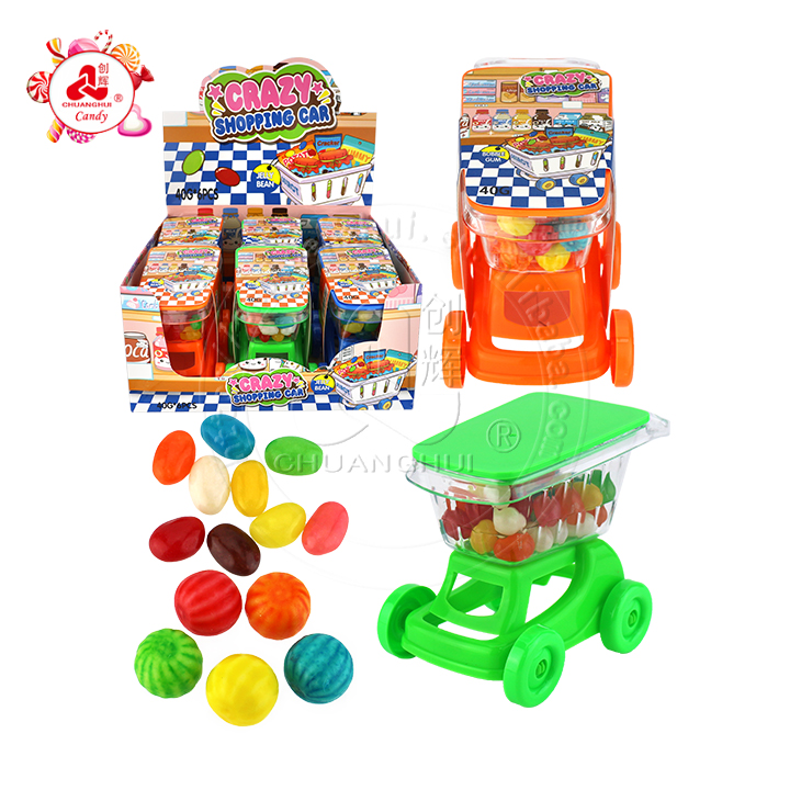 Plastic shopping car toys with Jelly bean candy and mini watermelon bubble gum ball CH-TB240