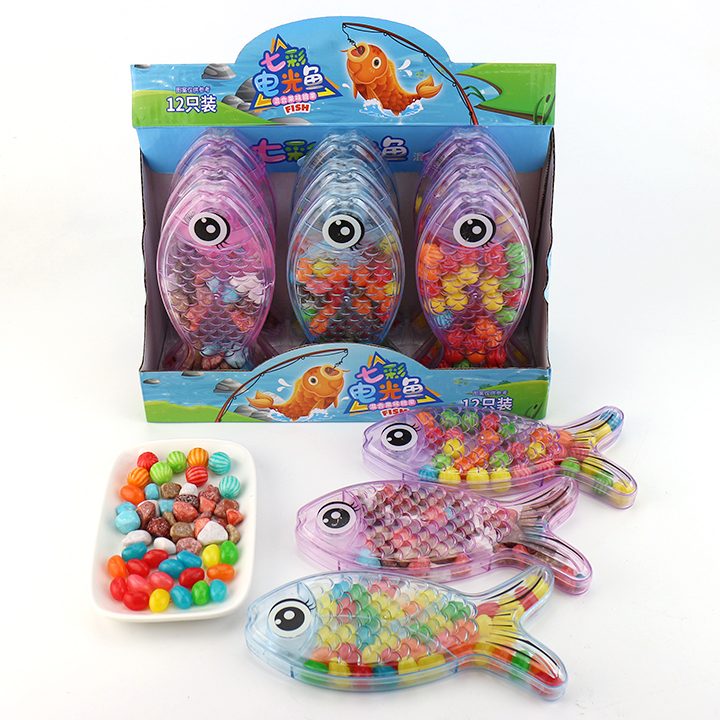 Cartoon fish LED flashing box toy with jelly beans, mini watermelon bubble gum, chocolate stone candy CH-TB241