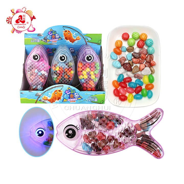 Cartoon fish LED flashing box toy with jelly beans, mini watermelon bubble gum, chocolate stone candy CH-TB241