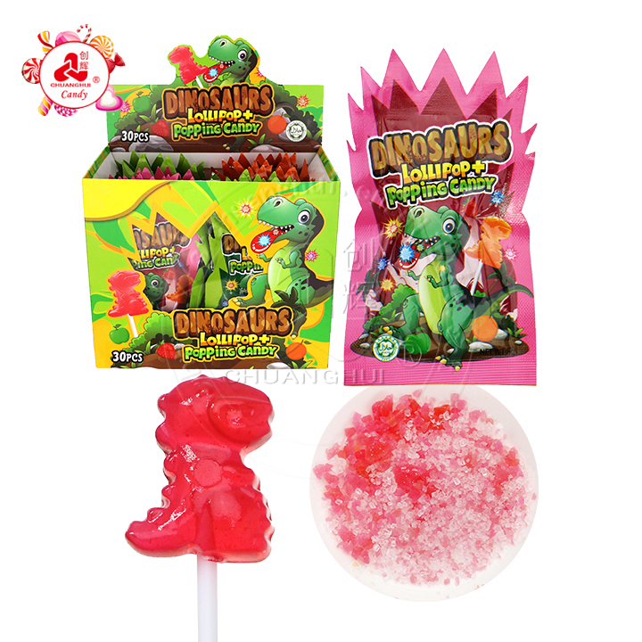 Halal Dinosaur lollipop with fruit flavored popping candy CH-B388