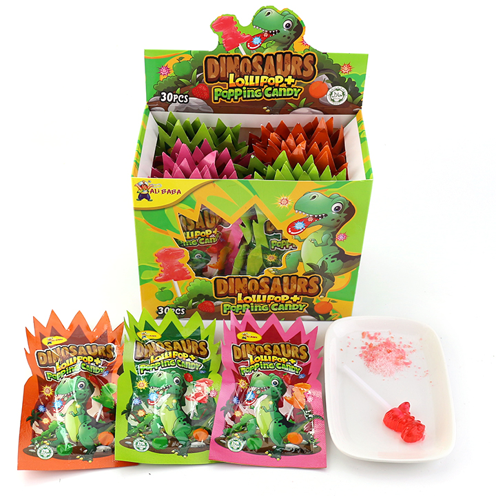 Halal Dinosaur lollipop with fruit flavored popping candy CH-B388