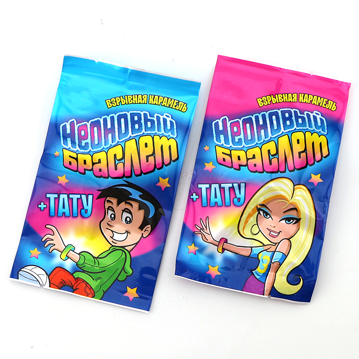 Halal 3-in-1 fruit flavored popping candy with tattoo stickers and fluorescent wristband CH-B389