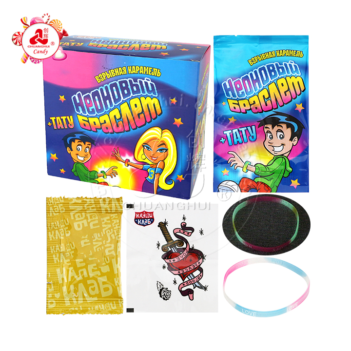 Halal 3-in-1 fruit flavored popping candy with tattoo stickers and fluorescent wristband CH-B389