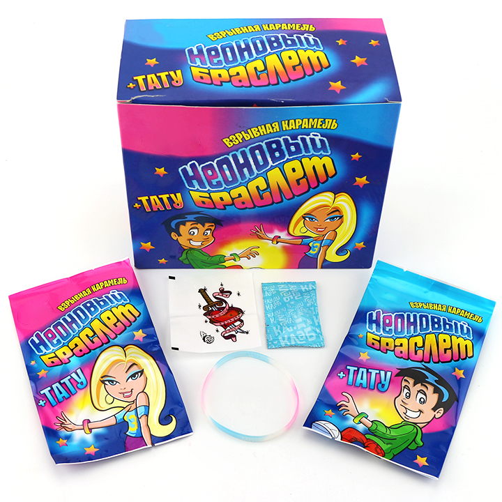 Halal 3-in-1 fruit flavored popping candy with tattoo stickers and fluorescent wristband CH-B389