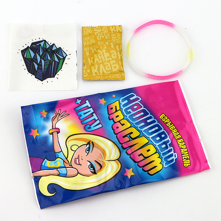 Halal 3-in-1 fruit flavored popping candy with tattoo stickers and fluorescent wristband CH-B389