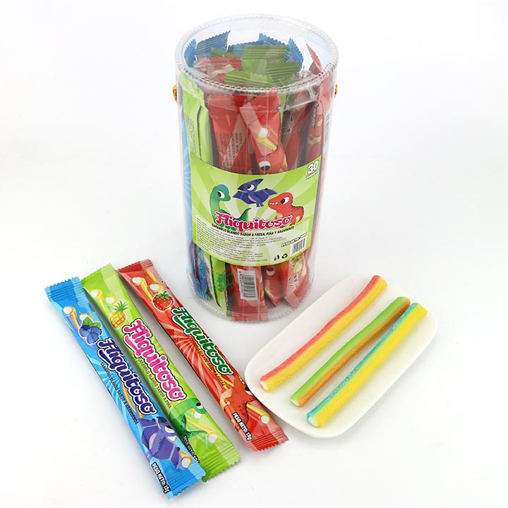 HALAL Double Colors Licorice Sour Straw Soft Gummy Candy Strips with Sour Powder Filling CH-J566-1