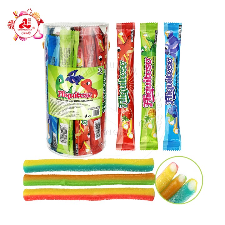 HALAL Double Colors Licorice Sour Straw Soft Gummy Candy Strips with Sour Powder Filling CH-J566-1