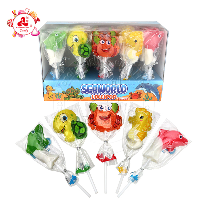 Cartoon Seaworld animal shapes turtle, crab, seahorse, dolphin hard lollipop candy CH-BP140