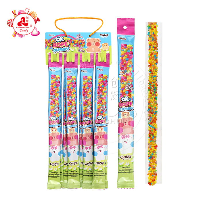 Long Sour Rainbow Rope Gummy Candy Jelly with Mini Granule Candy Drops CH-J645-1