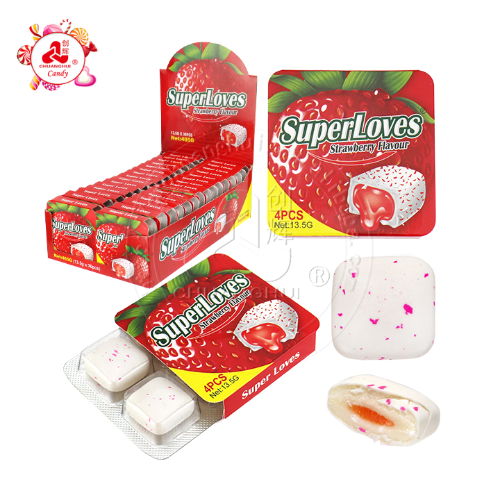 Supply Super Loves 4pcs Square Chewing Bubble Gum with Jam Filled