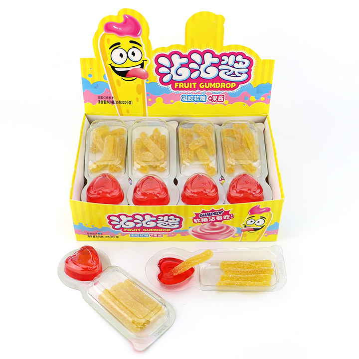 30g Sweet Dip French fries shaped chewy gummy candy stick with heart-shaped sour jam cup CH-J683