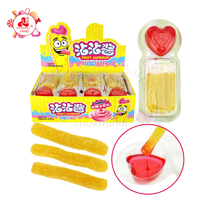 30g Sweet Dip French fries shaped chewy gummy candy stick with heart-shaped sour jam cup CH-J683