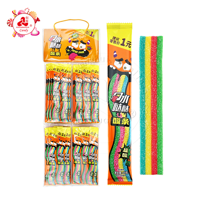 Halal Licorice Rainbow Sour Strip Candy Long Belt Chewy gummy Candy CH-J687