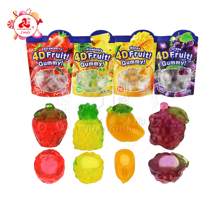 4D Fruits Gummy Fudge Snacks Confectionery 3D fruit shaped jelly gummy candies with jam filling CH-J688