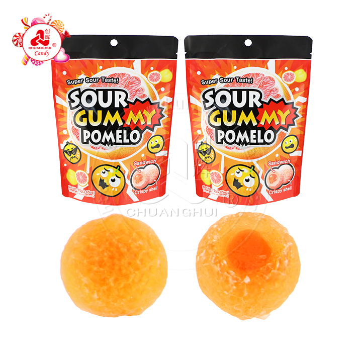 Crunchy sugar coated fruit juice Sour gummy pomelo candy with jam filling CH-J689