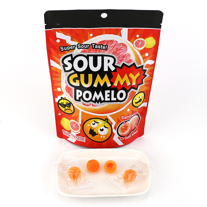 Crunchy sugar coated fruit juice Sour gummy pomelo candy with jam filling CH-J689