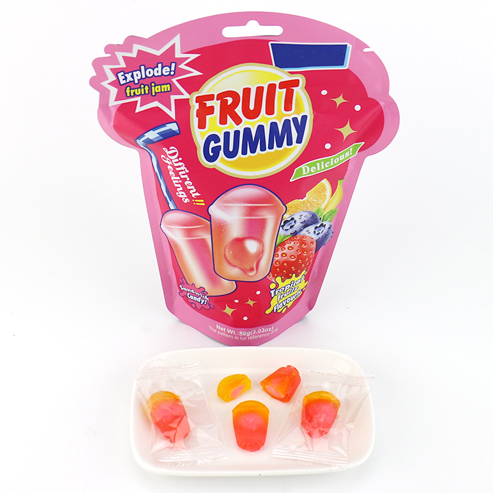 Two-tone beverage cup shaped tropical fruits jelly gummy candy with jam filling CH-J691