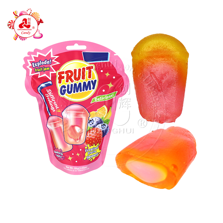 Two-tone beverage cup shaped tropical fruits jelly gummy candy with jam filling CH-J691