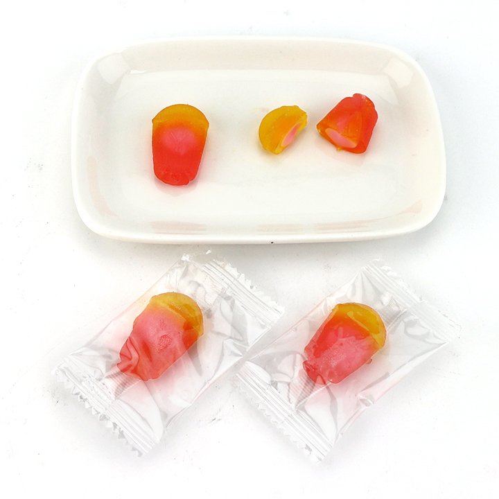 Two-tone beverage cup shaped tropical fruits jelly gummy candy with jam filling CH-J691