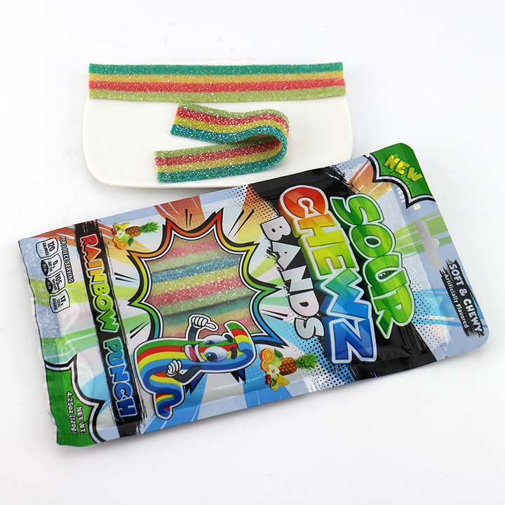 120g Halal Rainbow Sour Belt Chewy Gummy Candy Strip in bag CH-J694