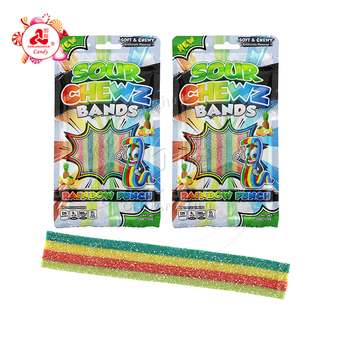 120g Halal Rainbow Sour Belt Chewy Gummy Candy Strip in bag CH-J694