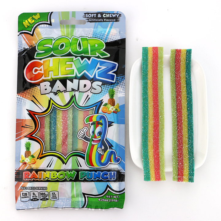 120g Halal Rainbow Sour Belt Chewy Gummy Candy Strip in bag CH-J694