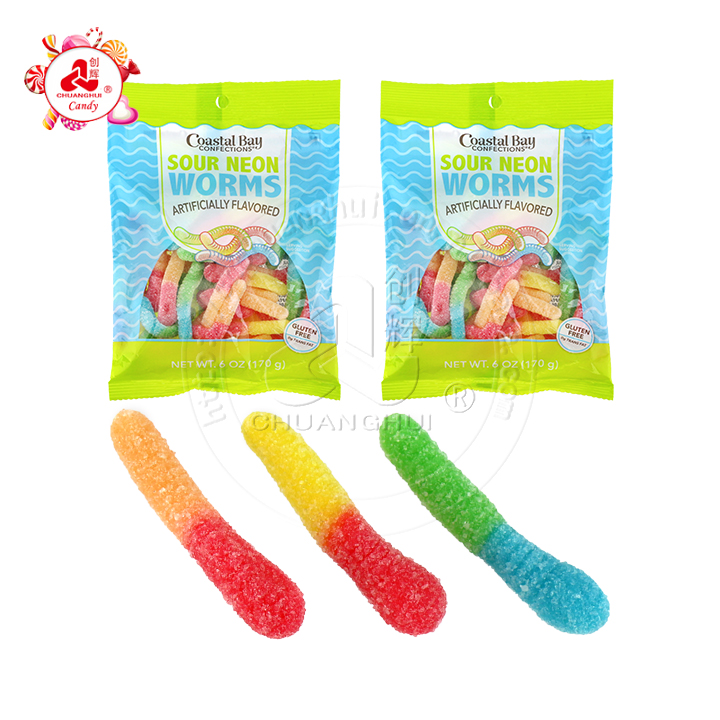 Two-tone Sour Neon Worm Shaped Chewy Soft Gummy Candy CH-J696